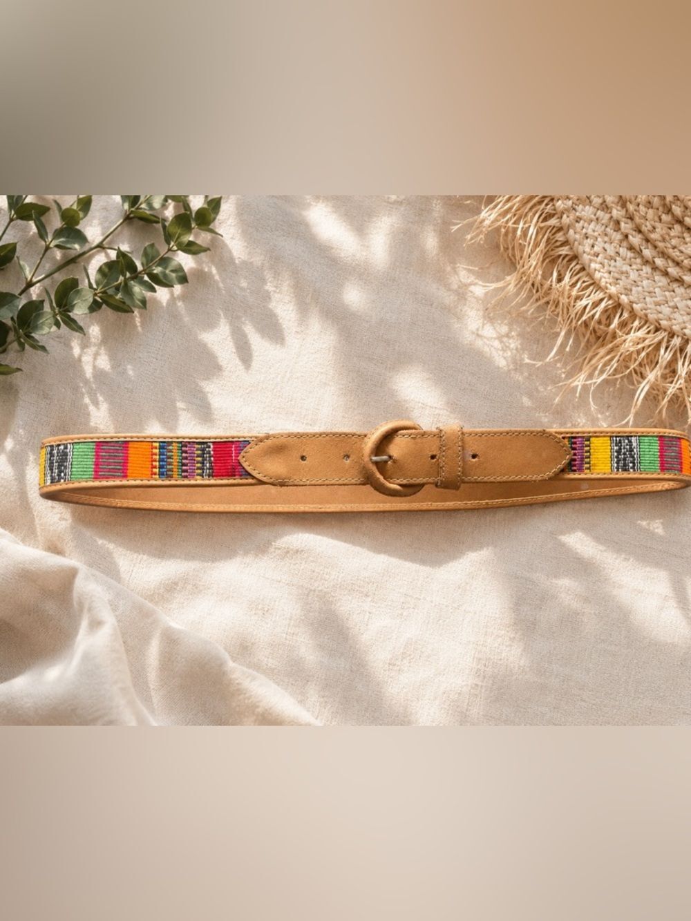 Vintage Guatemalan Woven Leather Belt Colorful Tribal Boho Folk Art Size L